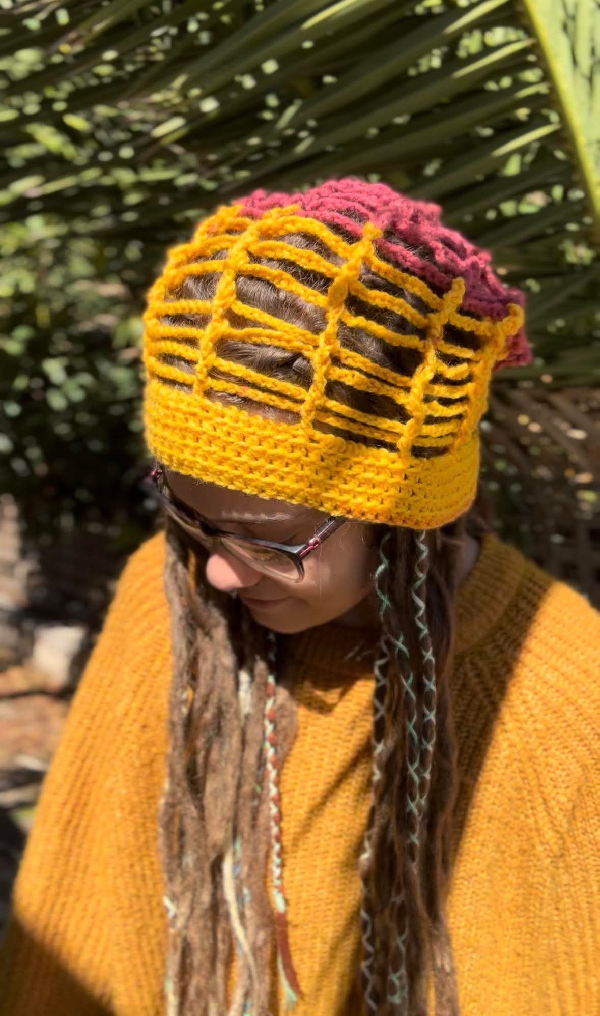 Maroon and Mustard two tone Handmade Net Beanie
