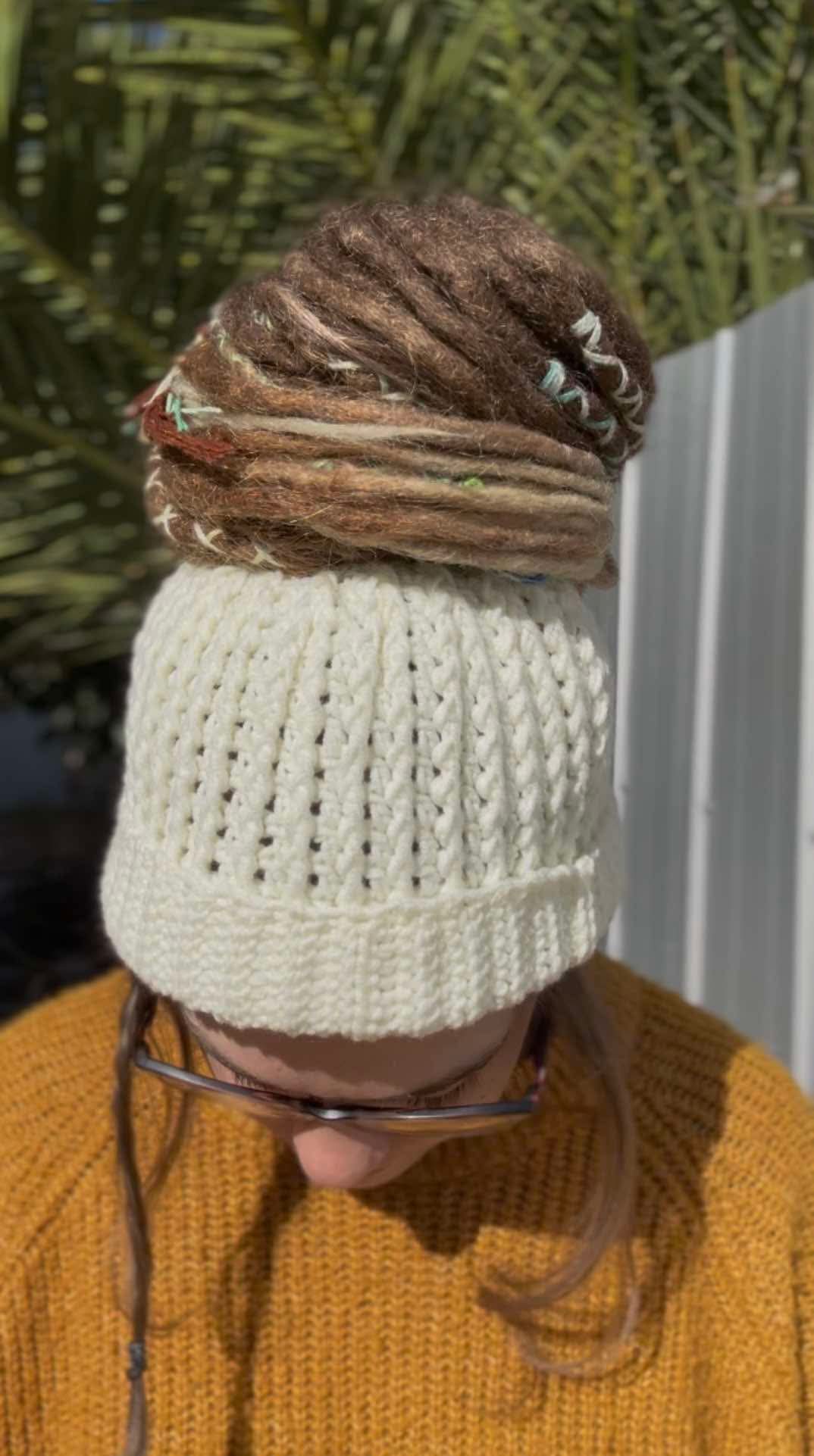 Cream White Handmade Beanie with hole