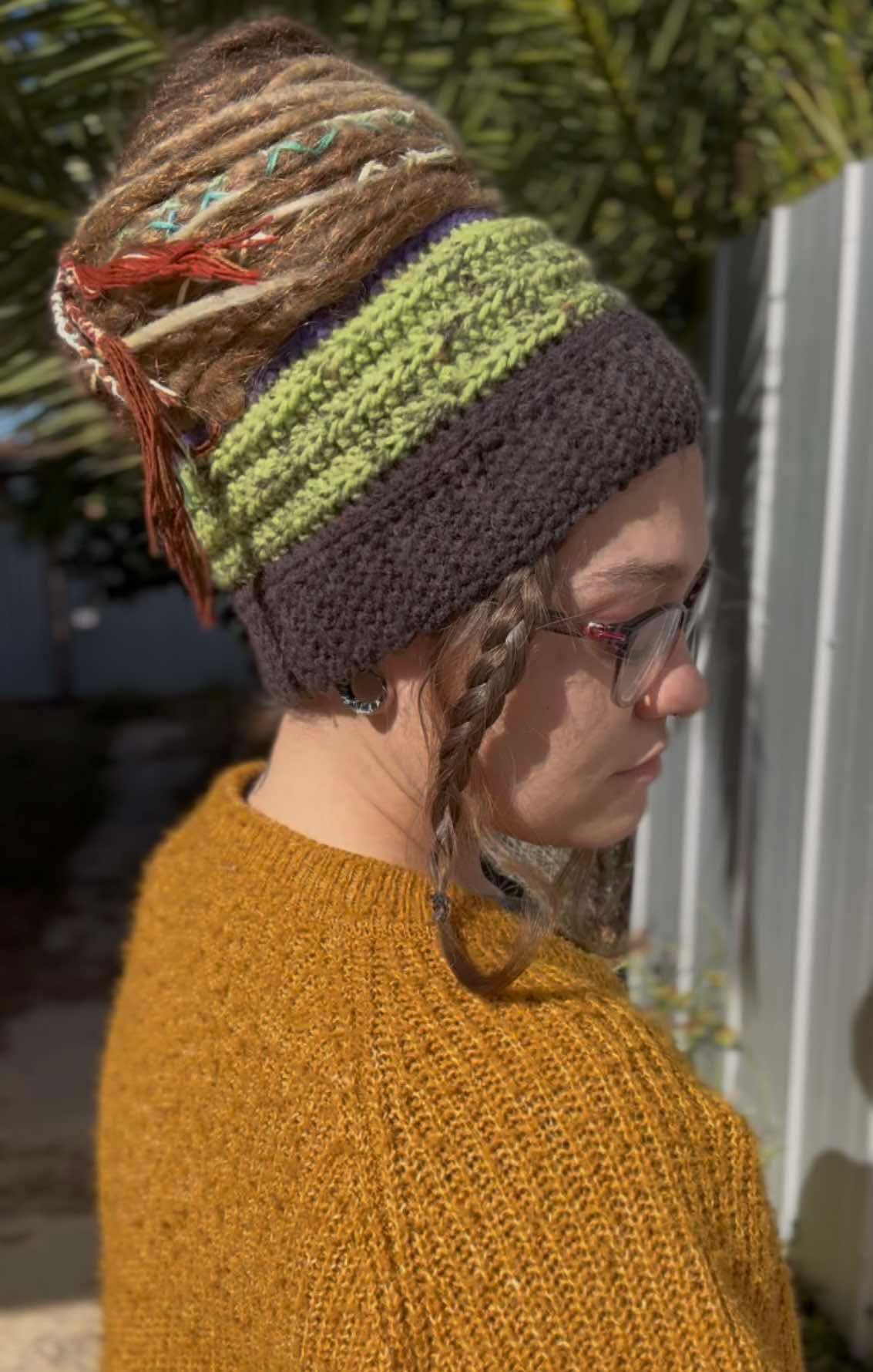 Purple, Green and Black Wide Striped Handmade Beanie with hole