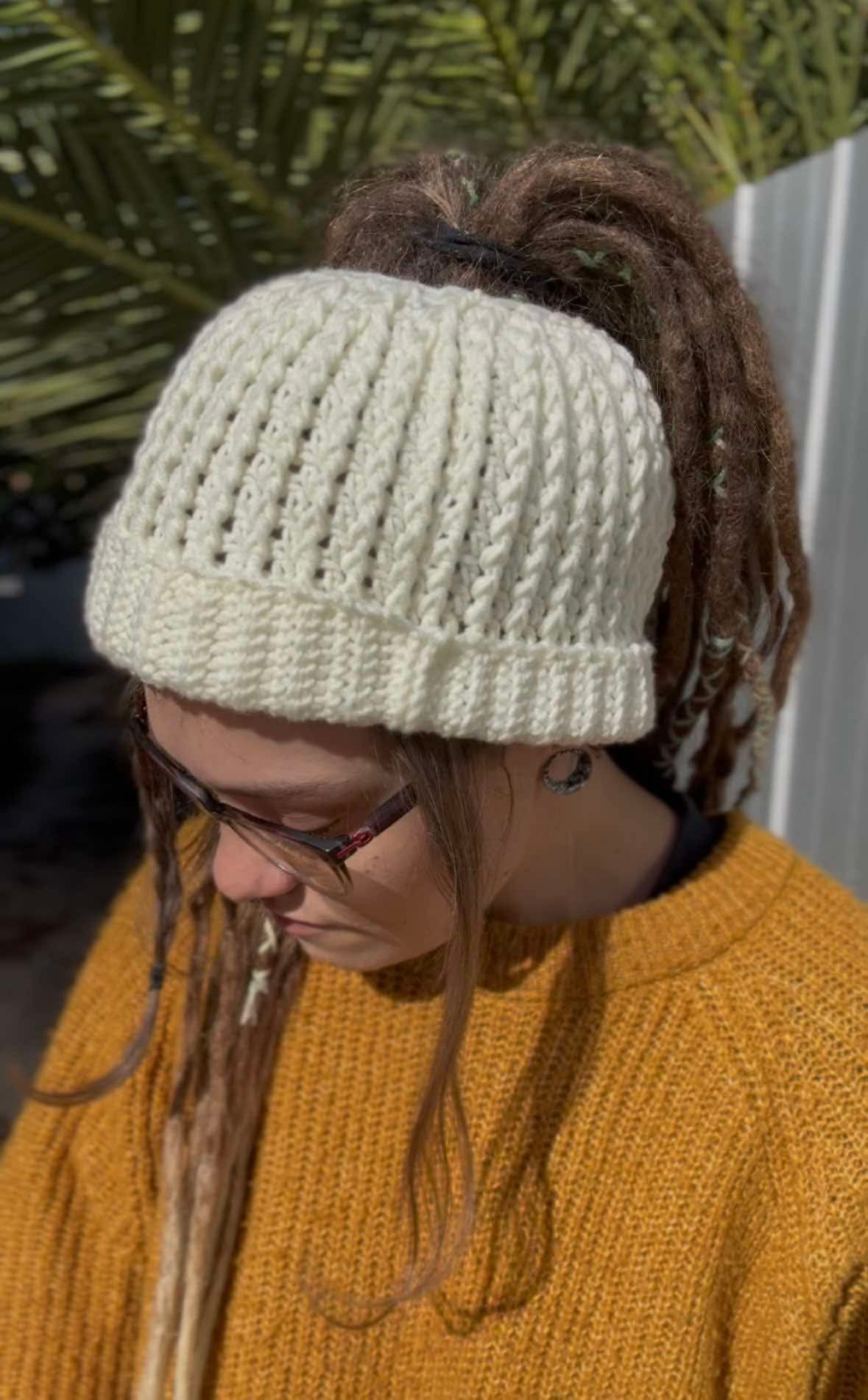 Cream White Handmade Beanie with hole