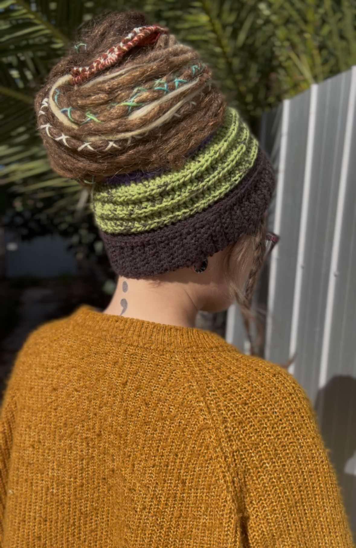 Purple, Green and Black Wide Striped Handmade Beanie with hole