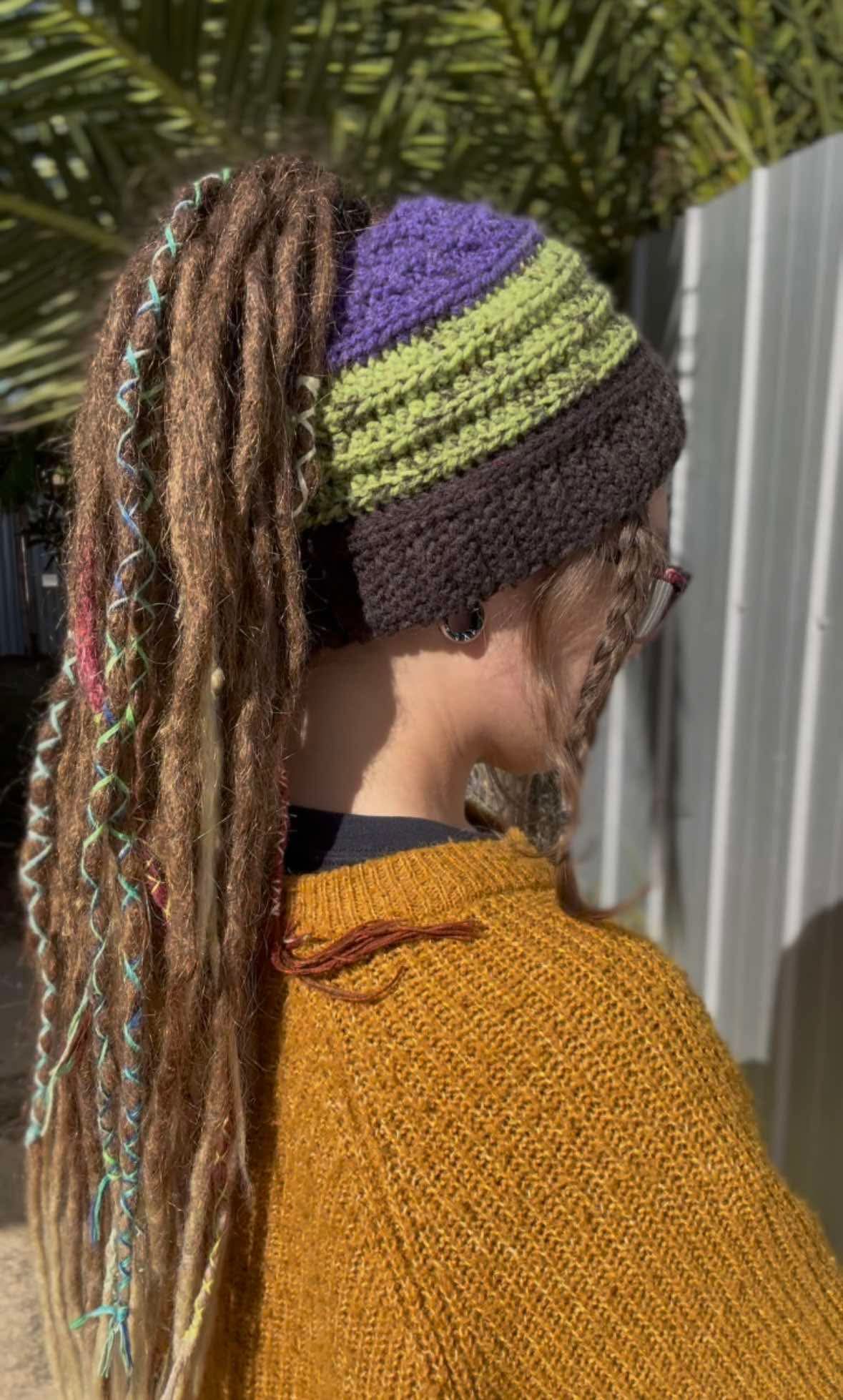 Purple, Green and Black Wide Striped Handmade Beanie with hole