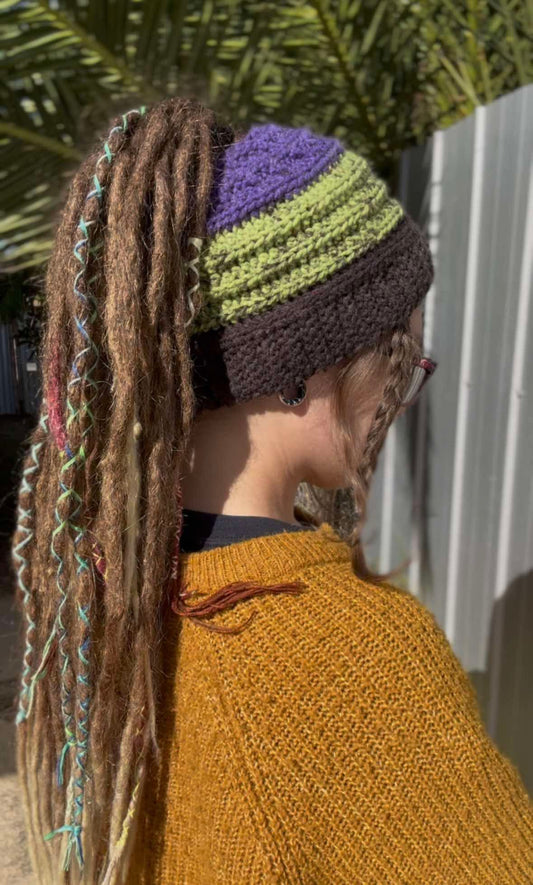 Purple, Green and Black Wide Striped Handmade Beanie with hole