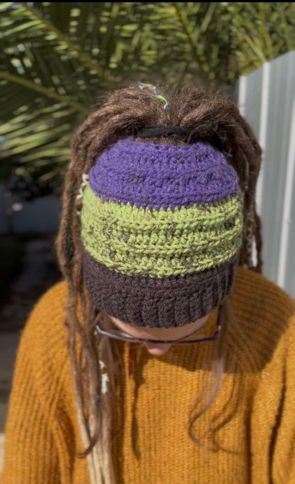 Purple, Green and Black Wide Striped Handmade Beanie with hole