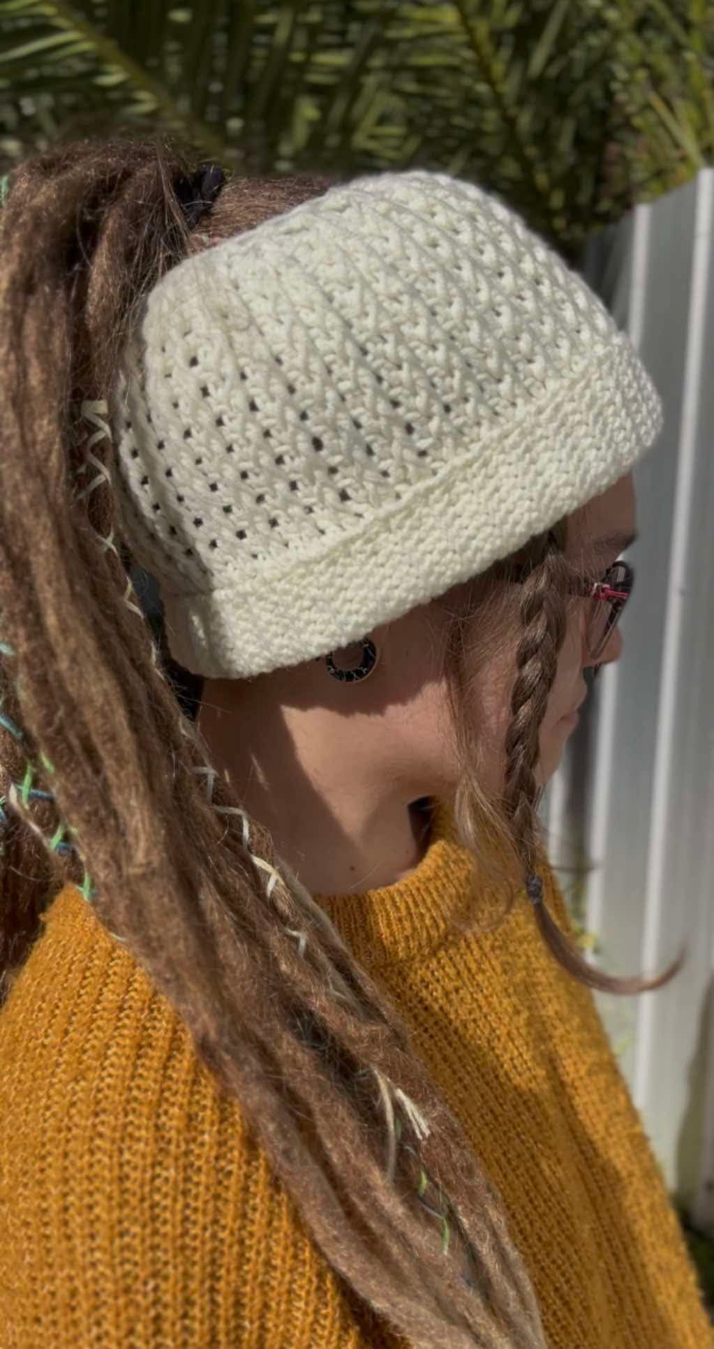 Cream White Handmade Beanie with hole