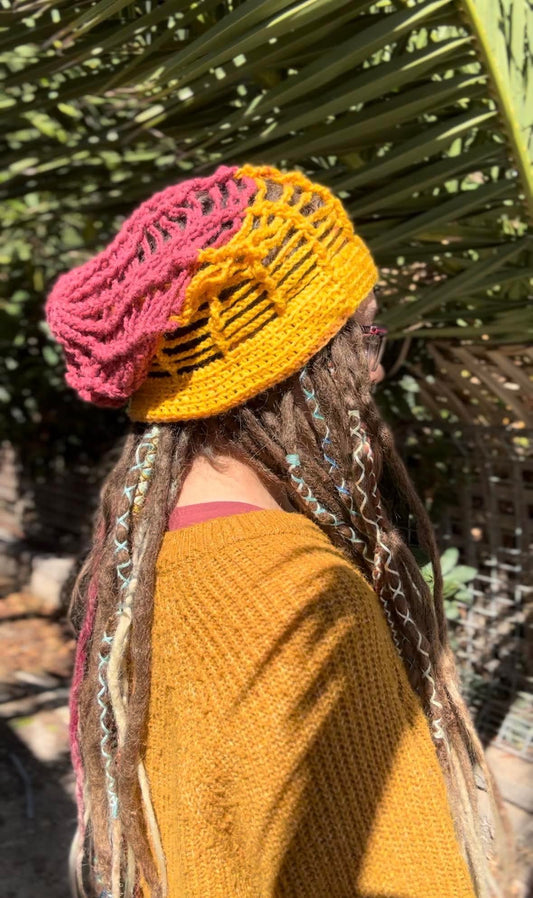 Maroon and Mustard two tone Handmade Net Beanie