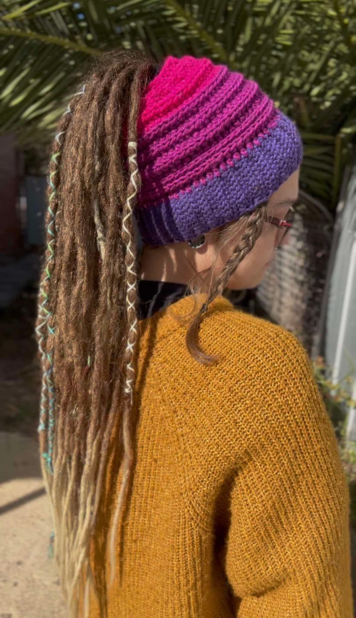 Pink and Purple Wide Striped Handmade Beanie with hole