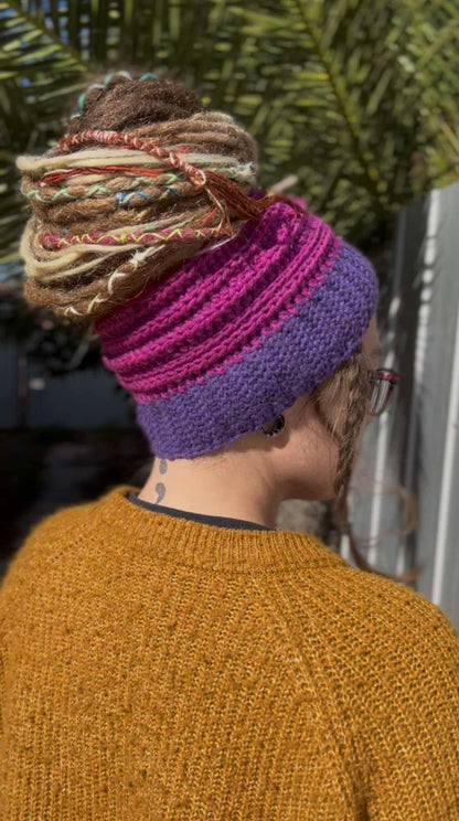 Pink and Purple Wide Striped Handmade Beanie with hole