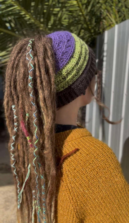 Purple, Green and Black Wide Striped Handmade Beanie with hole