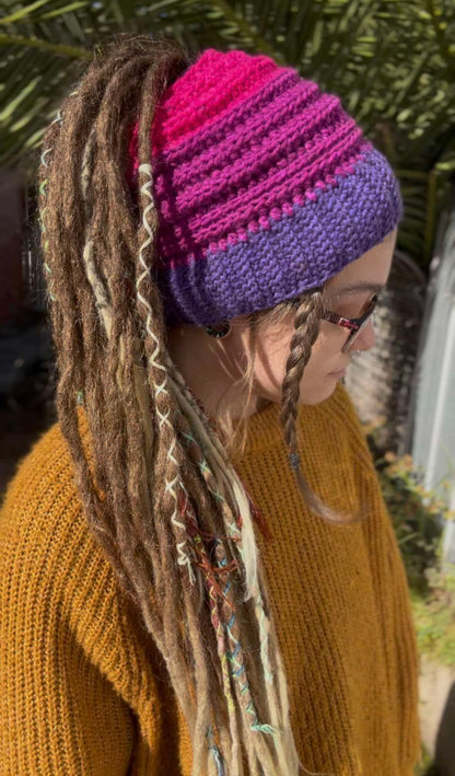 Pink and Purple Wide Striped Handmade Beanie with hole