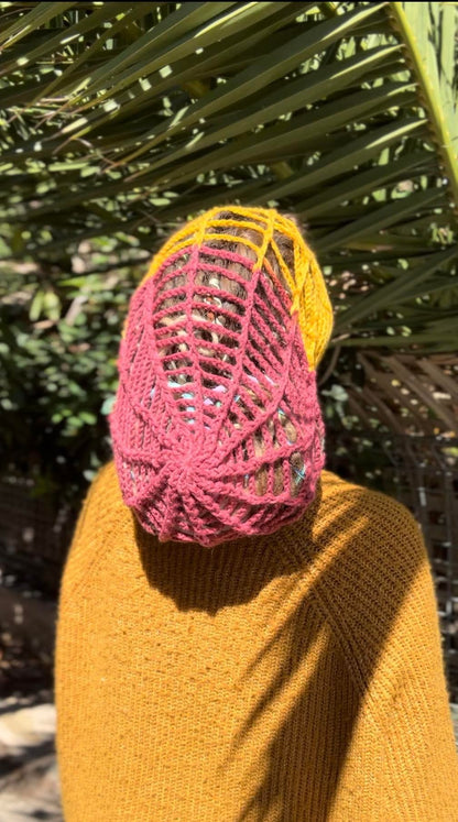 Maroon and Mustard two tone Handmade Net Beanie