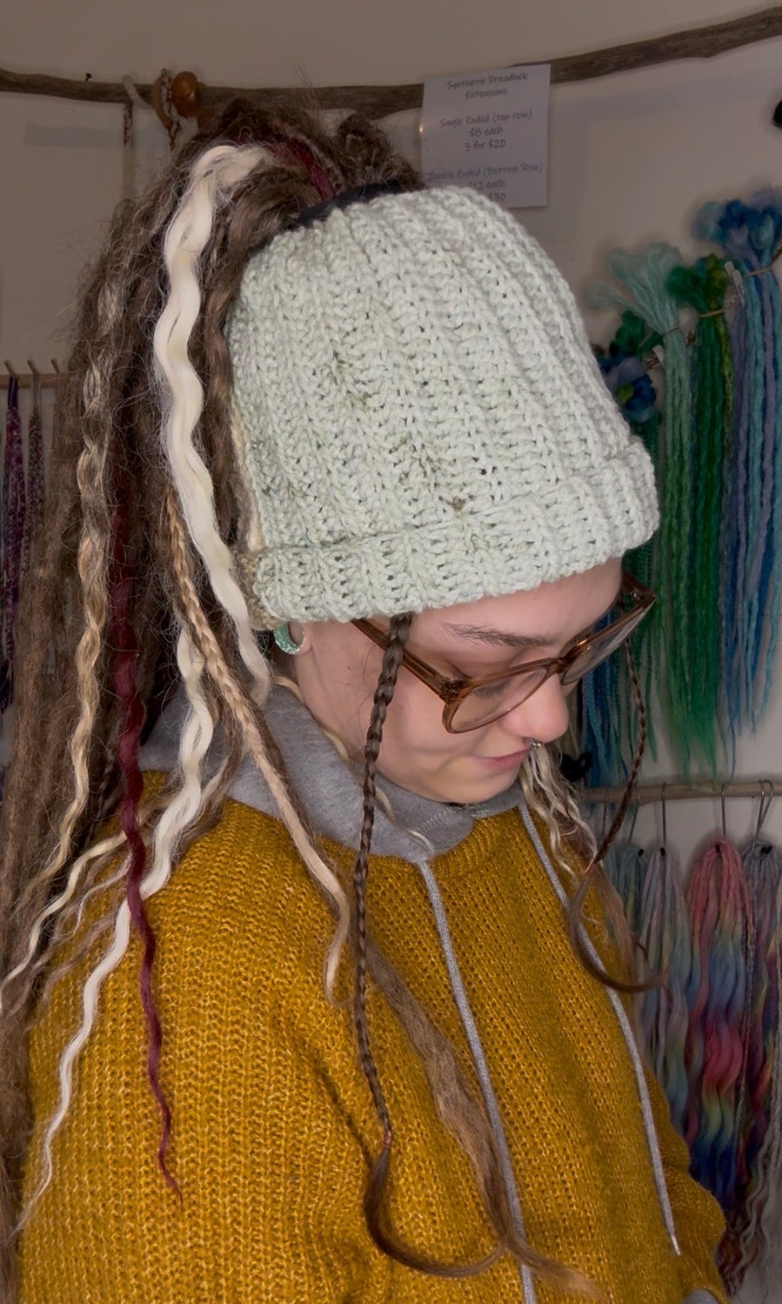 Cream and Mint Mixed Colour Beanie With Hole