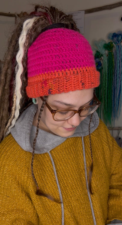 Pink and Orange speckled Beanie With Hole