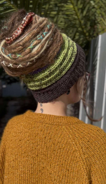 Purple, Green and Black Wide Striped Handmade Beanie with hole