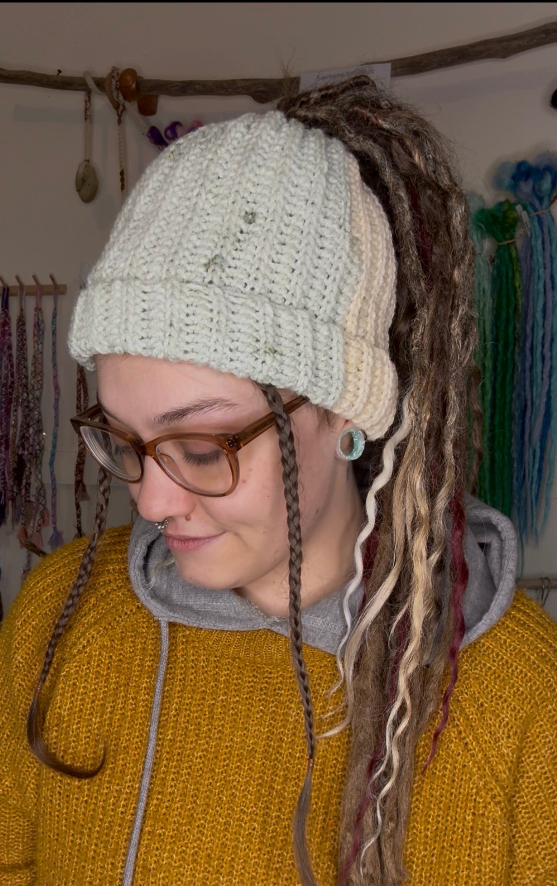 Cream and Mint Mixed Colour Beanie With Hole