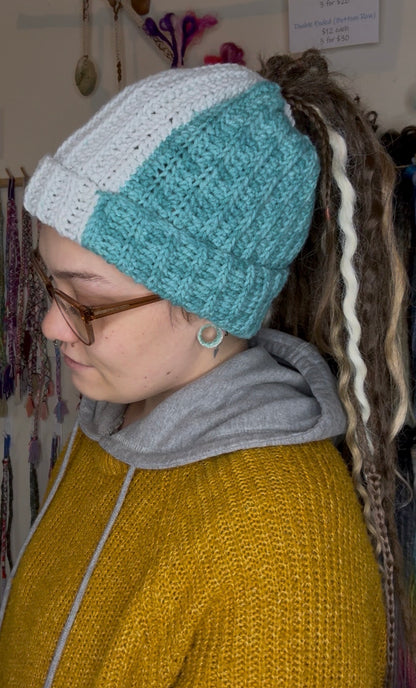 Blue Mixed Colour Beanie With Hole