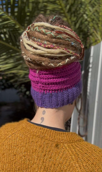 Pink and Purple Wide Striped Handmade Beanie with hole