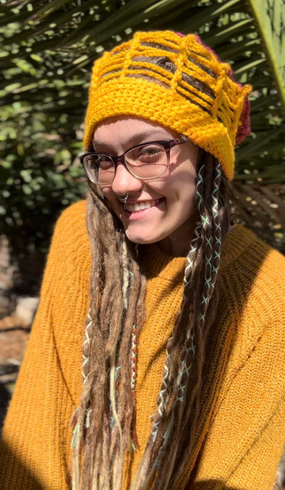 Maroon and Mustard two tone Handmade Net Beanie