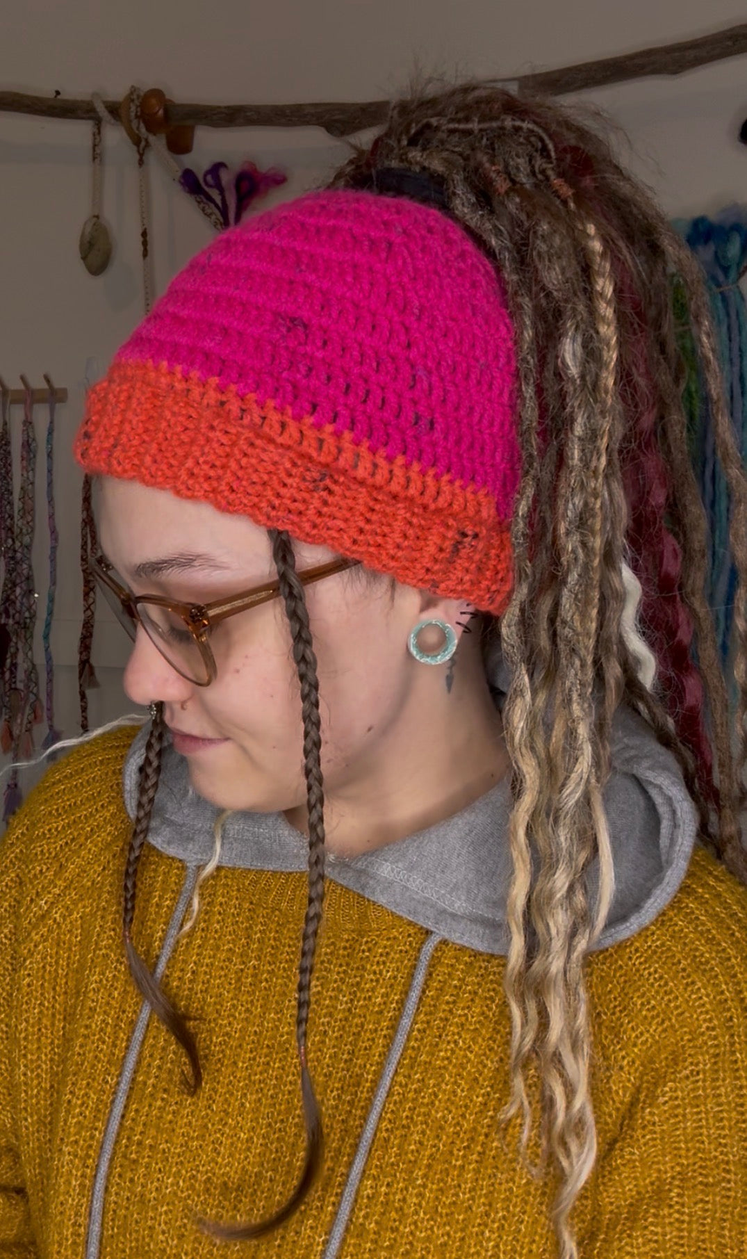 Pink and Orange speckled Beanie With Hole