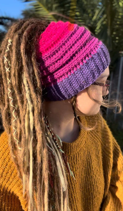 Pink and Purple Wide Striped Handmade Beanie with hole