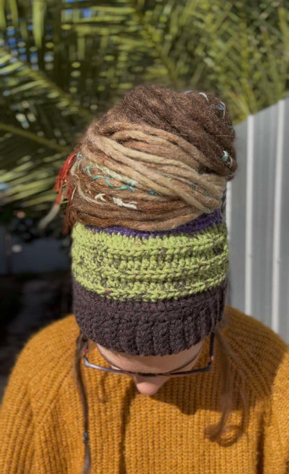 Purple, Green and Black Wide Striped Handmade Beanie with hole