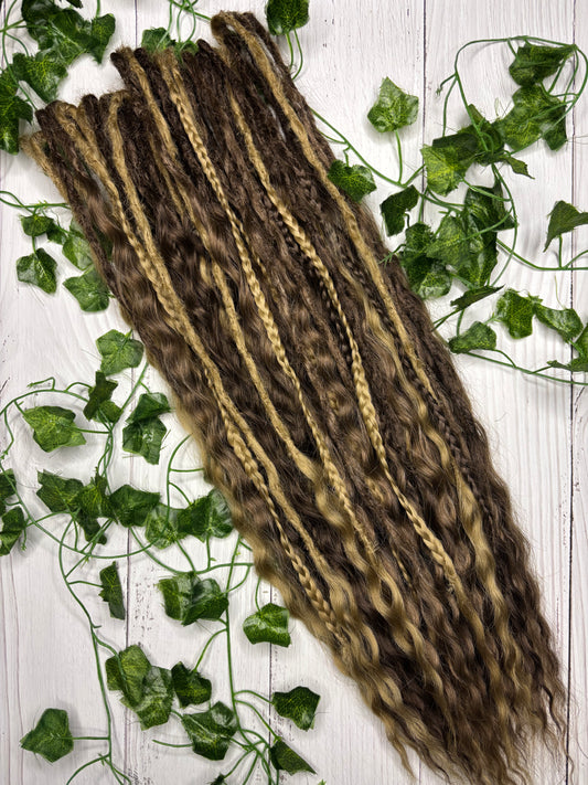 Set of 30 Brown Mixed Texture Synthetic Dreadlock Extensions (only available for online purchase)