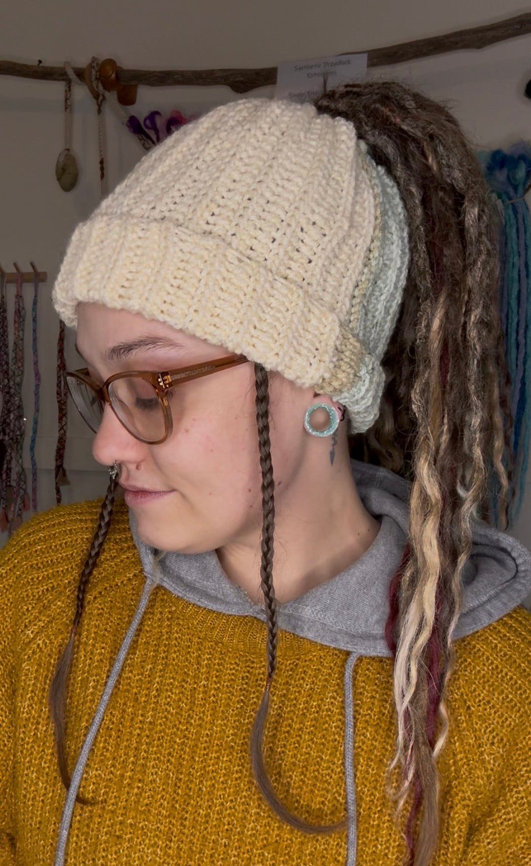 Cream and Mint Mixed Colour Beanie With Hole