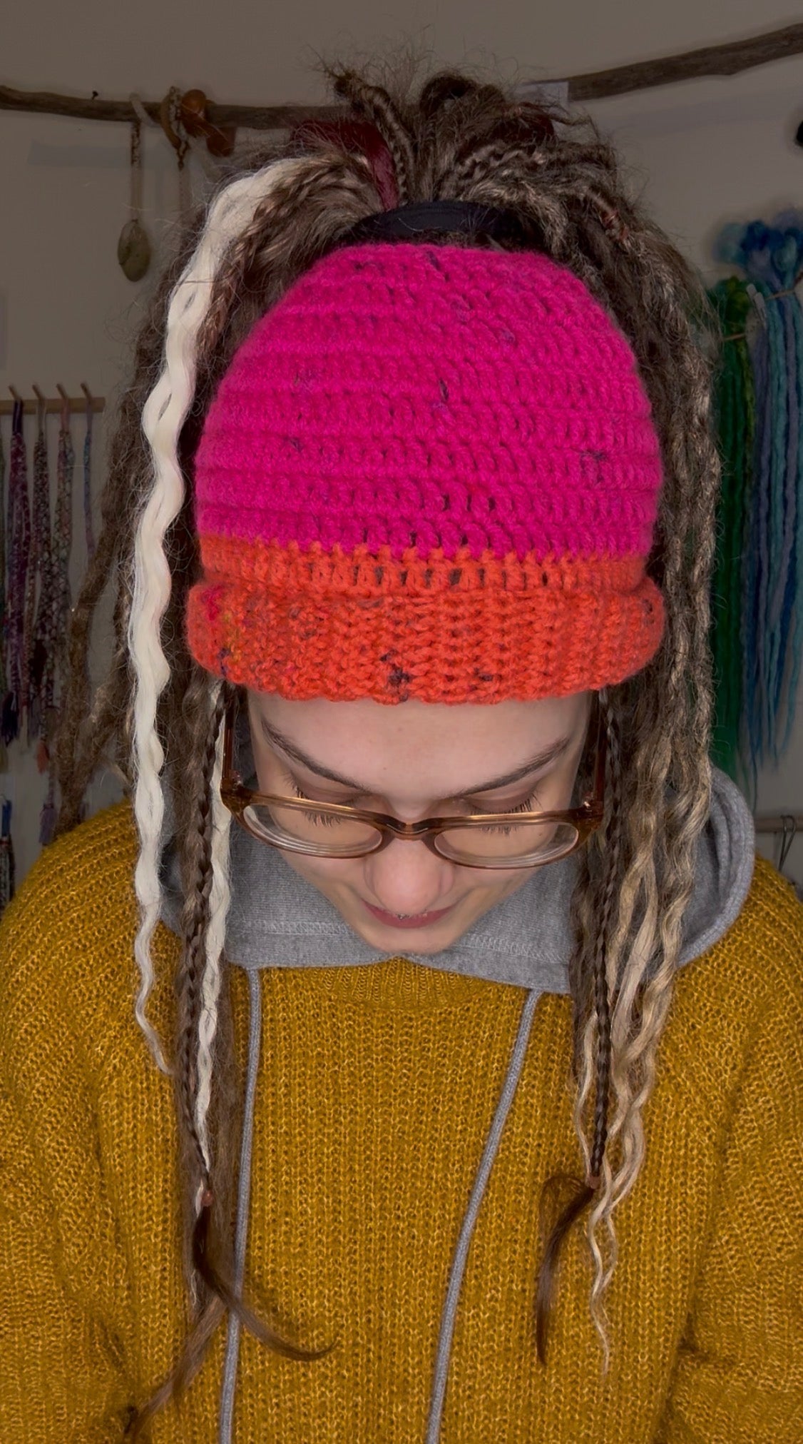 Pink and Orange speckled Beanie With Hole