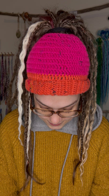 Pink and Orange speckled Beanie With Hole