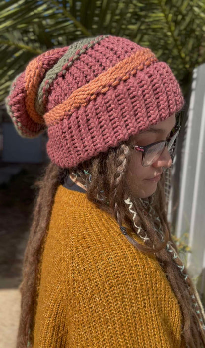 Brown, Orange and Green Striped Handmade Beanie