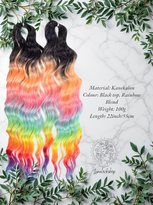 Black Top, Rainbow Blend Anna Wave Synthetic Hair 55cm 100g (only available for online purchase)