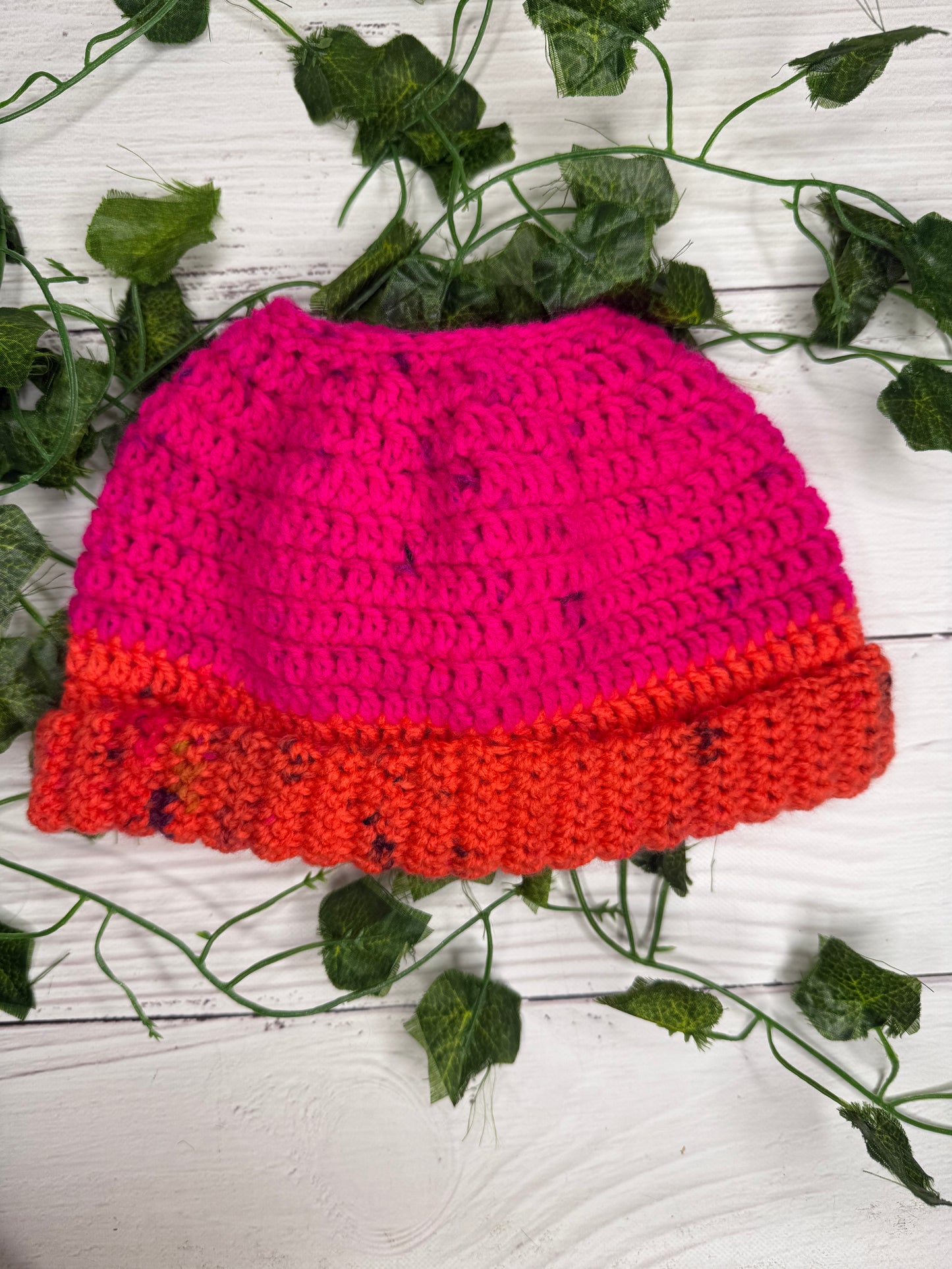 Pink and Orange speckled Beanie With Hole