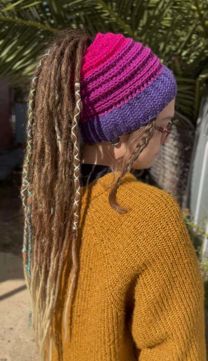 Pink and Purple Wide Striped Handmade Beanie with hole